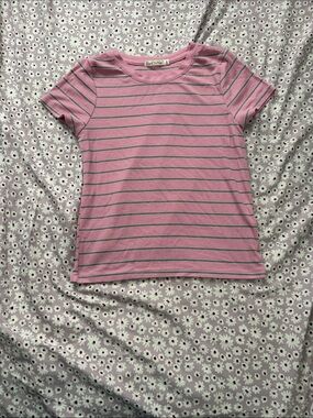 Heart & Hips Pink and Gray Striped Short Sleeve Tee